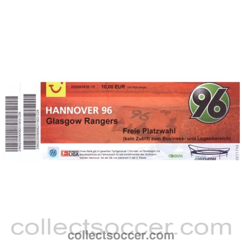 2007 Hannover 96 v Glasgow Rangers Football Ticket - Collect Soccer