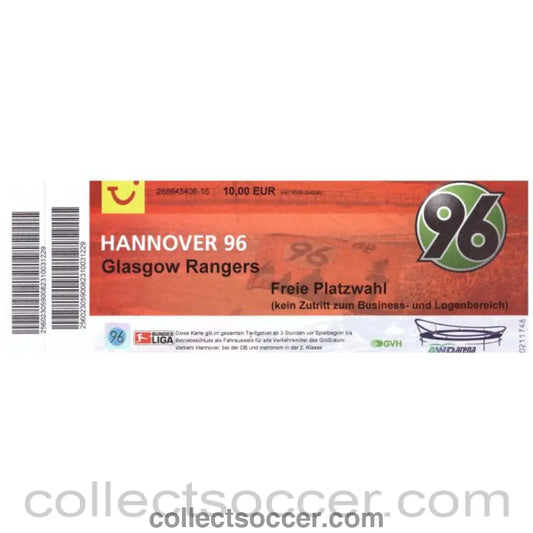 2007 Hannover 96 v Glasgow Rangers Football Ticket - Collect Soccer