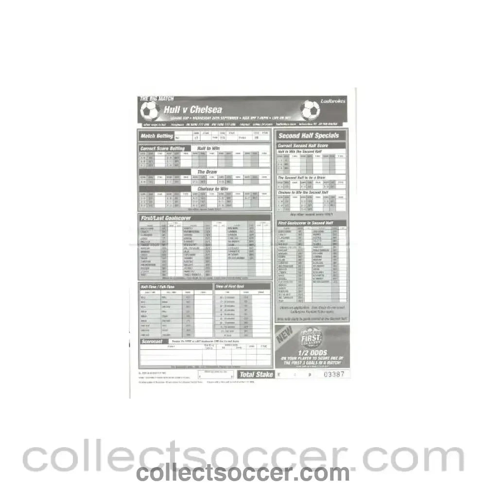 2007 - Hull City v Chelsea betting slip 26/09/2007