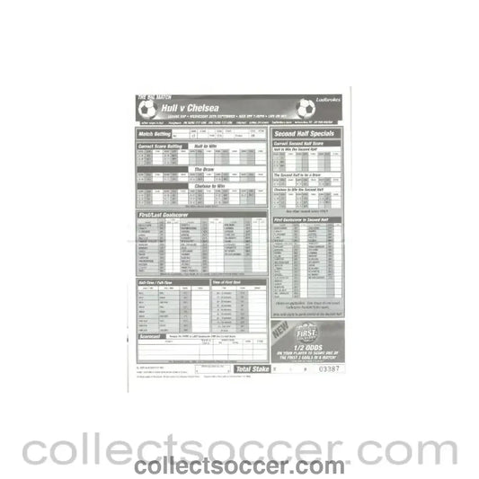2007 - Hull City v Chelsea betting slip 26/09/2007