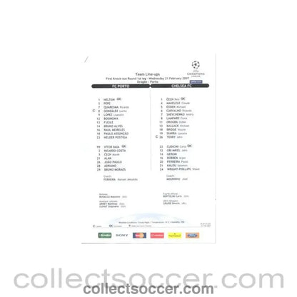 2007 - Porto v Chelsea Line-Ups 21/02/2007 Champions League