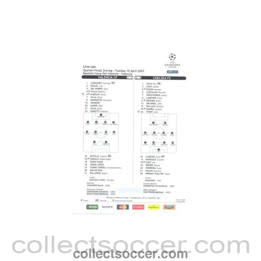 2007 - Valencia v Chelsea line-ups 10/04/2007 Champions League
