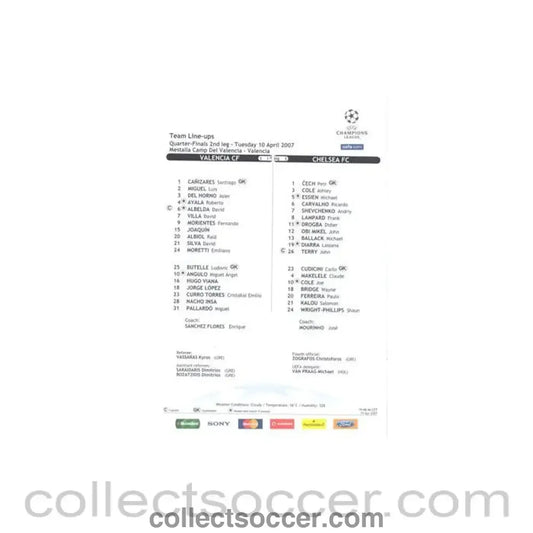 2007 - Valencia v Chelsea official teamsheet 10/04/2007 Champions League