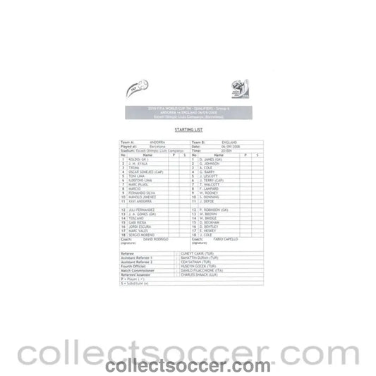 2008 - Andorra v England Starting List 06/09/2008