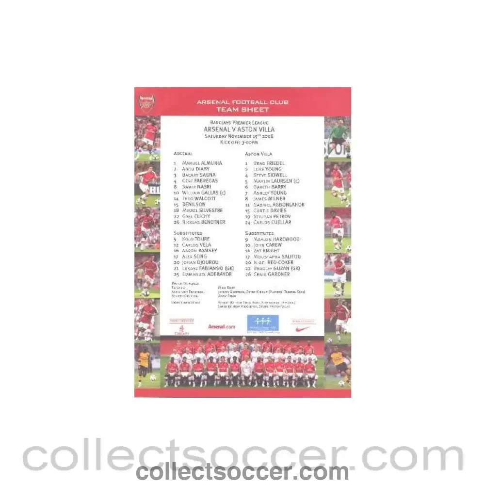 2008 - Arsenal v Aston Villa colour printed teamsheet 15/11/2008 Premier League