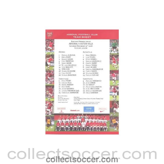 2008 - Arsenal v Aston Villa colour printed teamsheet 15/11/2008 Premier League