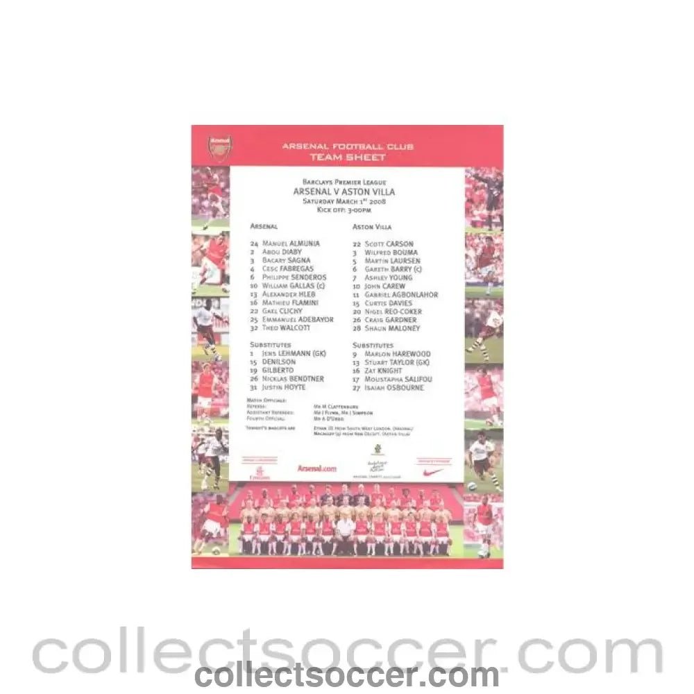 2008 - Arsenal v Aston Villa official colour teamsheet 01/03/2008 Premier League - Collect Soccer