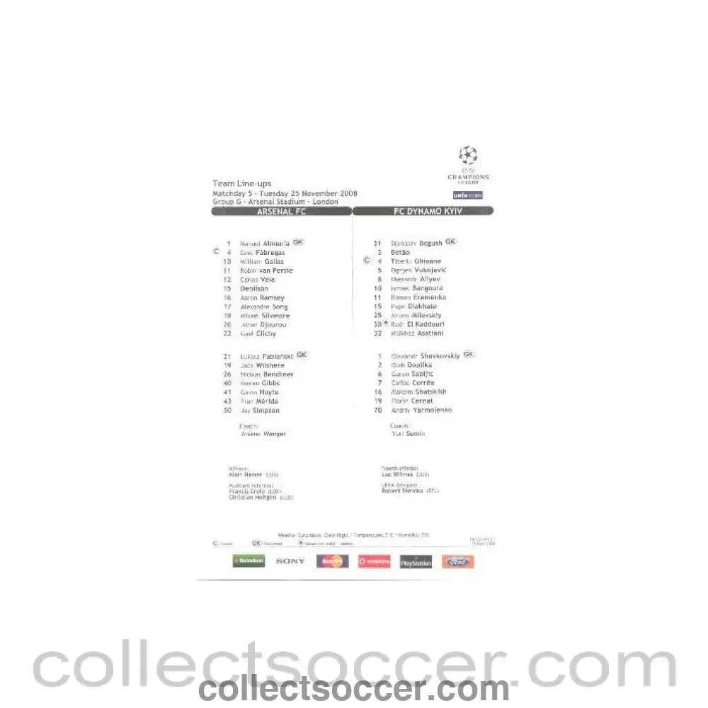 2008 - Arsenal v Dynamo Kyiv colour printed teamsheet 25/11/2008 Champions League - Collect Soccer