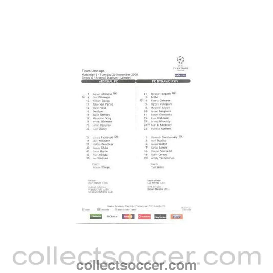 2008 - Arsenal v Dynamo Kyiv colour printed teamsheet 25/11/2008 Champions League