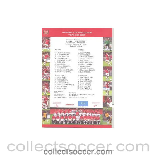2008 - Arsenal v Everton colour printed teamsheet 18/10/2008 Premier League