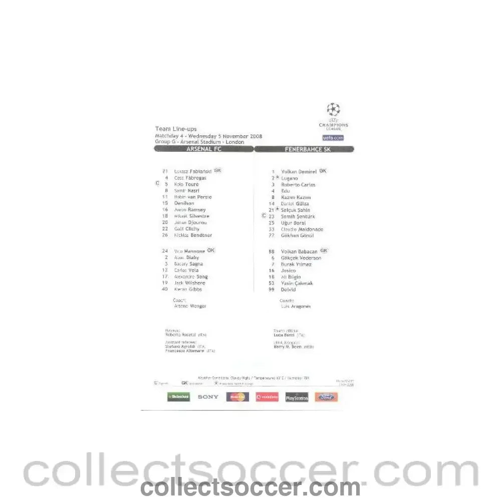 2008 - Arsenal v Fenerbahce colour printed teamsheet 05/11/2008 Champions League - Collect Soccer
