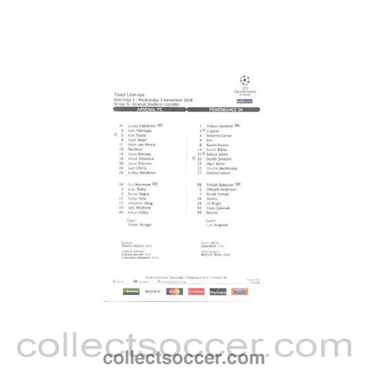 2008 - Arsenal v Fenerbahce colour printed teamsheet 05/11/2008 Champions League
