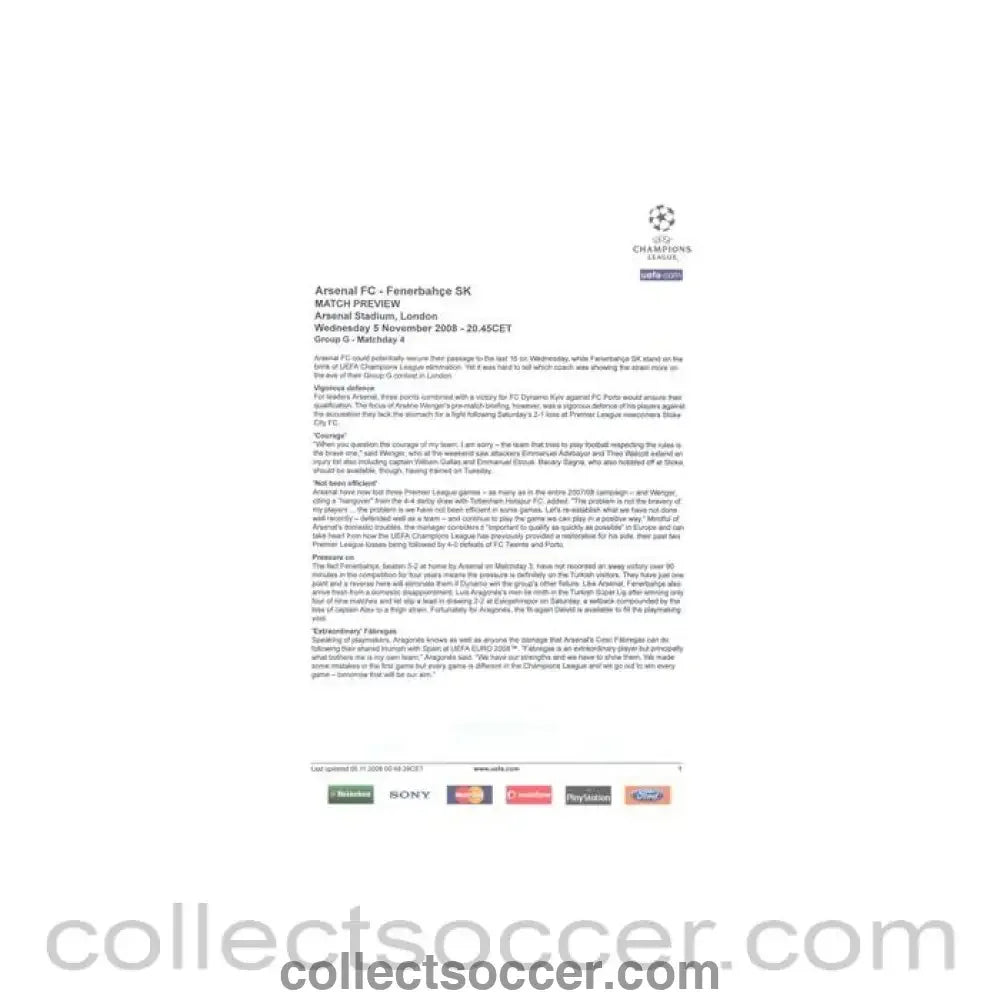 2008 - Arsenal v Fenerbahce match preview 05/11/2008 Champions League - Collect Soccer
