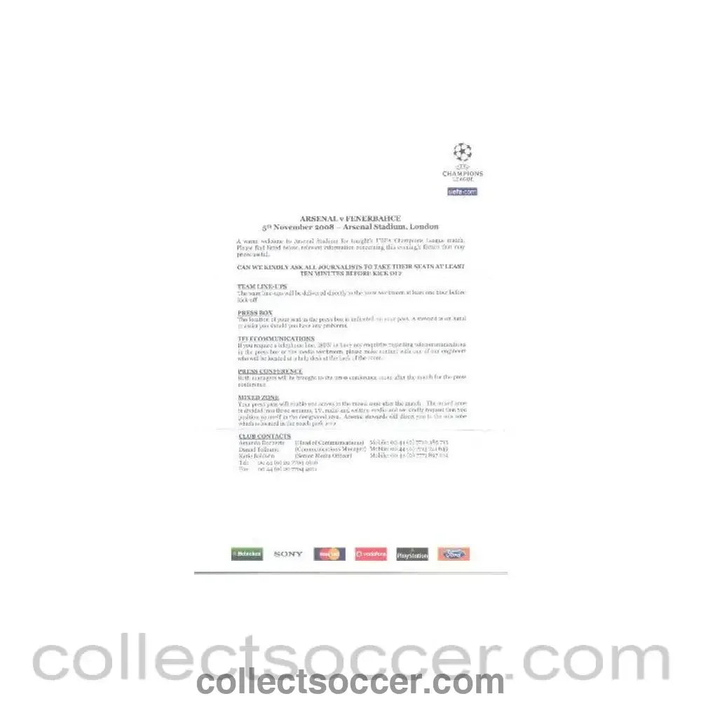 2008 - Arsenal v Fenerbahce press information 05/11/2008 - Collect Soccer