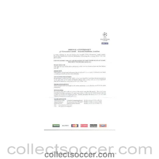 2008 - Arsenal v Fenerbahce press information 05/11/2008