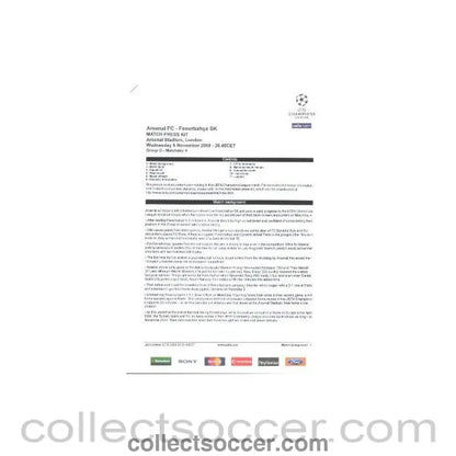 2008 - Arsenal v Fenerbahce press pack 05/11/2008 - Collect Soccer
