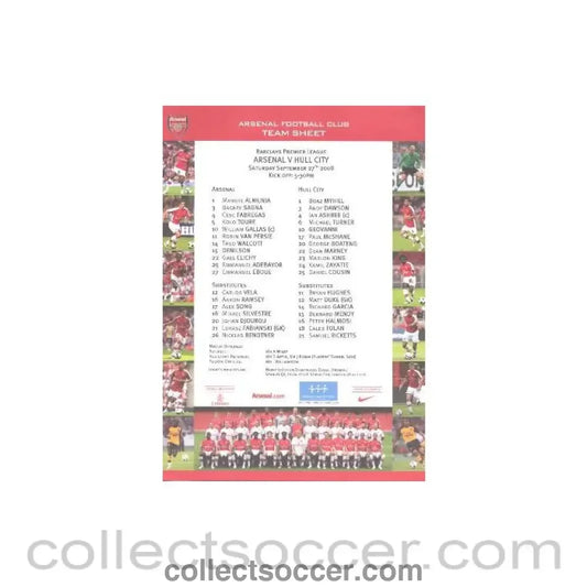 2008 - Arsenal v Hull City colour printed teamsheet 27/09/2008 Premier League