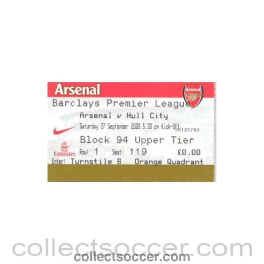 2008 - Arsenal v Hull City ticket 27/09/2008
