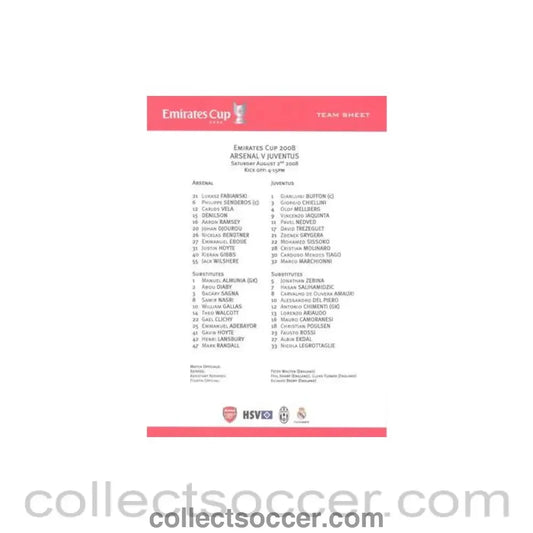 2008 - Arsenal v Juventus official colour teamsheet 02/08/2008 Emirates Cup
