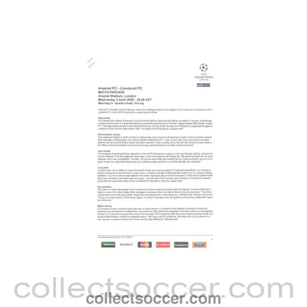 2008 - Arsenal v Liverpool Match Preview 02/04/2008 Champions League - Collect Soccer