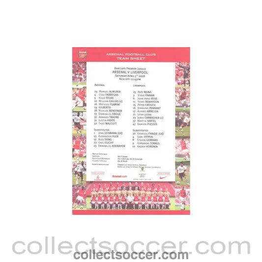 2008 - Arsenal v Liverpool official colour teamsheet 05/04/2008 Premier League