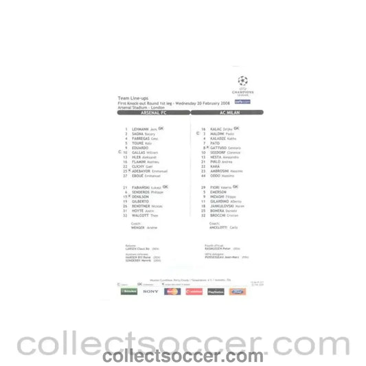 2008 - Arsenal v Milan line-ups 20/02/2008 Champions League