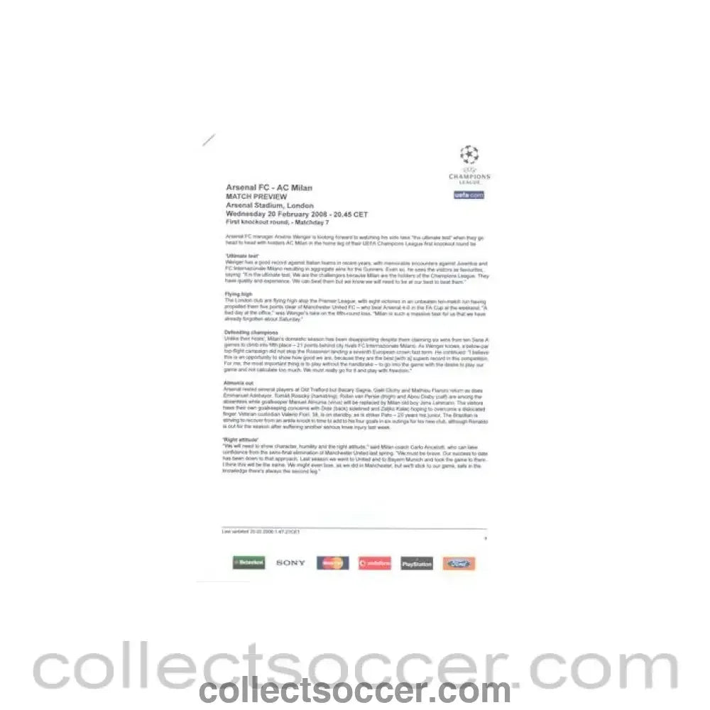 2008 - Arsenal v Milan match preview in English 20/02/2008 Champions League - Collect Soccer
