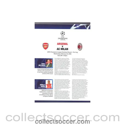 2008 - Arsenal v Milan official VIP programme 20/02/2008 Champions League