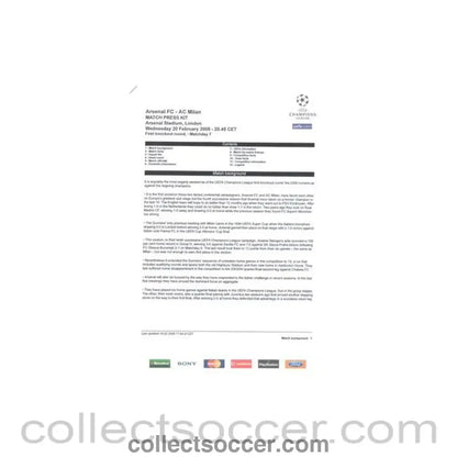 2008 - Arsenal v Milan press kit without folder 20/02/2008 Champions League - Collect Soccer