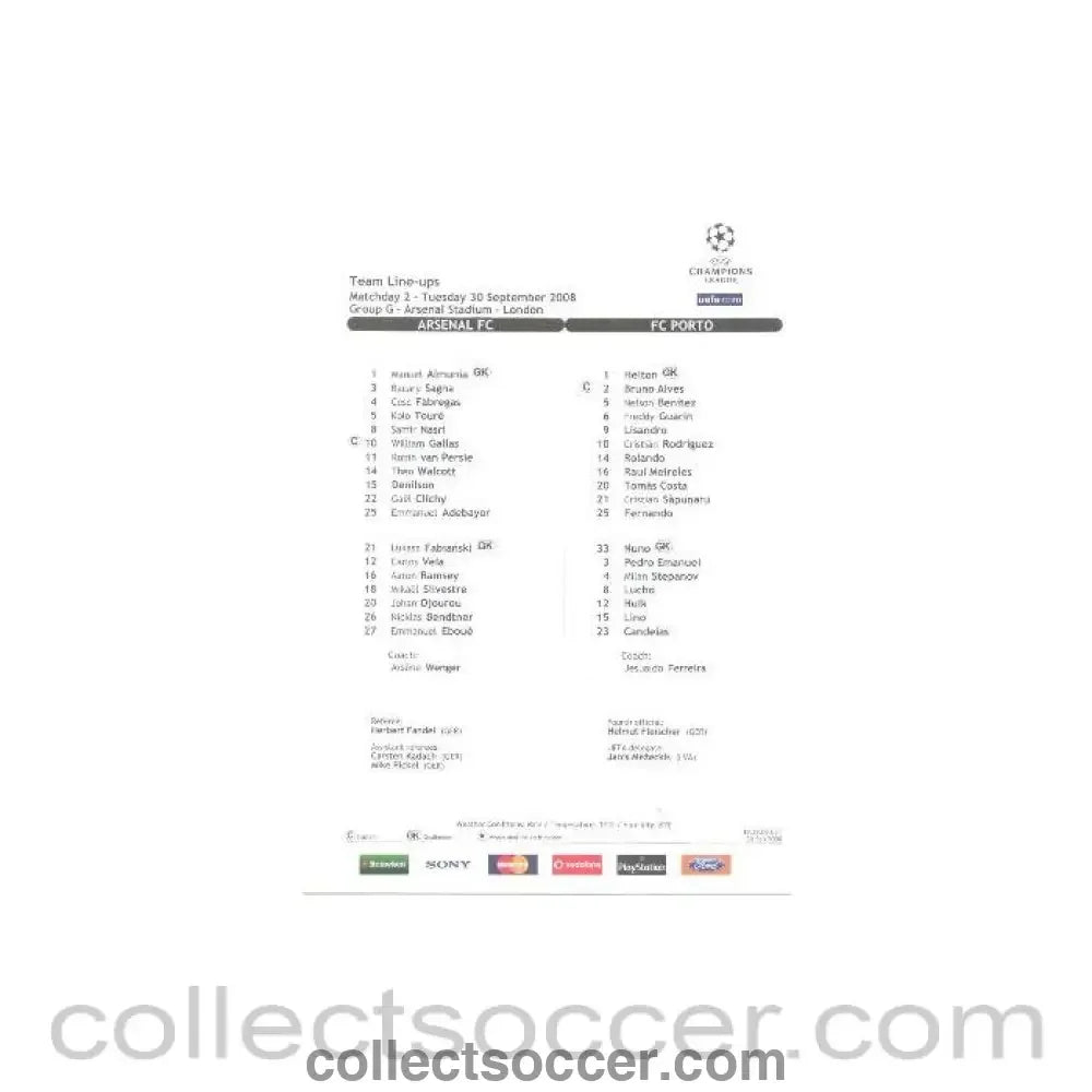 2008 - Arsenal v Porto colour printed teamsheet 30/09/2008 Champions League - Collect Soccer