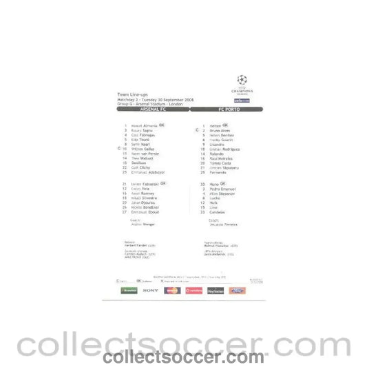 2008 - Arsenal v Porto colour printed teamsheet 30/09/2008 Champions League