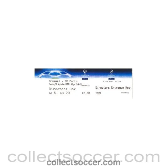 2008 - Arsenal v Porto Match Ticket for the Directors Box 30/09/2008