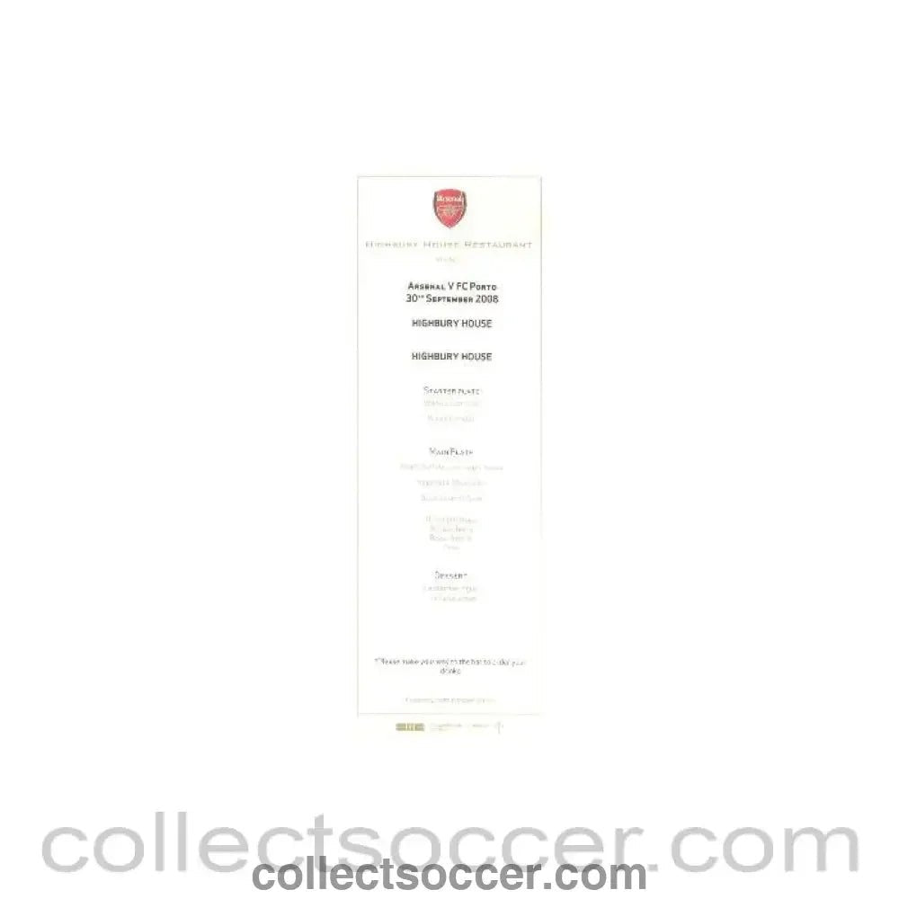2008 - Arsenal v Porto menu 30.09.2008 - Collect Soccer