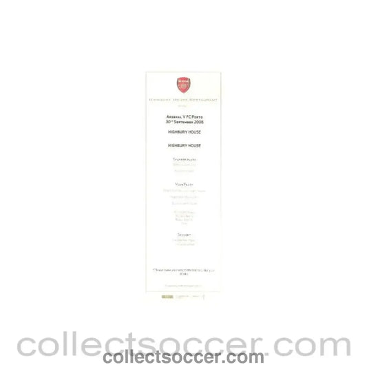 2008 - Arsenal v Porto menu 30.09.2008
