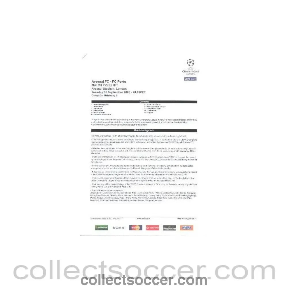 2008 - Arsenal v Porto press pack 30/09/2008 - Collect Soccer