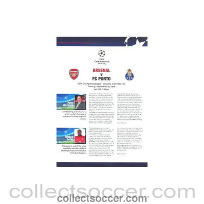 2008 - Arsenal v Porto Arsenal produced press pack 30/09/2008 - Collect Soccer