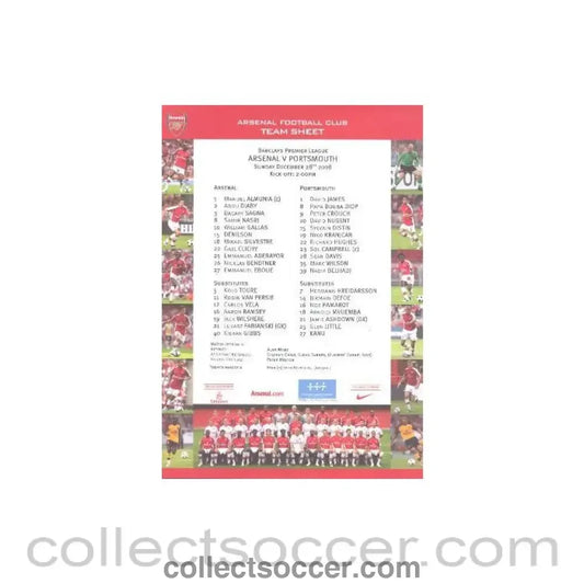 2008 - Arsenal v Portsmouth official colour printed teamsheet 28/12/2008