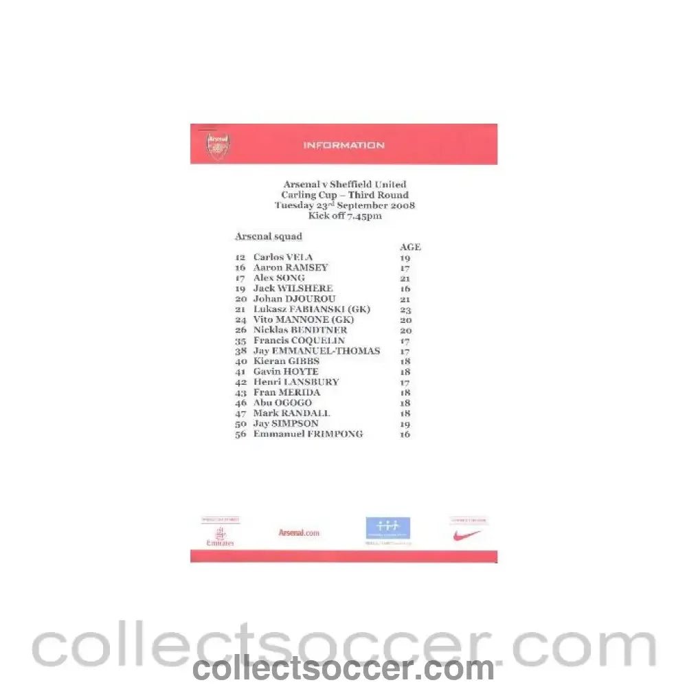 2008 - Arsenal v Sheffield United Arsenal produced colour printed press pack with biographies of players 23/09/2008 - Collect Soccer