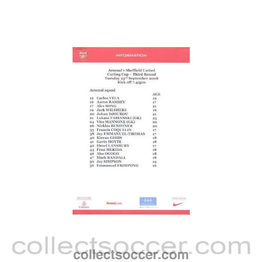 2008 - Arsenal v Sheffield United Arsenal produced colour printed press pack with biographies of players 23/09/2008