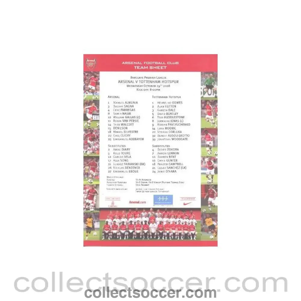 2008 - Arsenal v Tottenham Hotspur colour printed teamsheet 29/10/2008