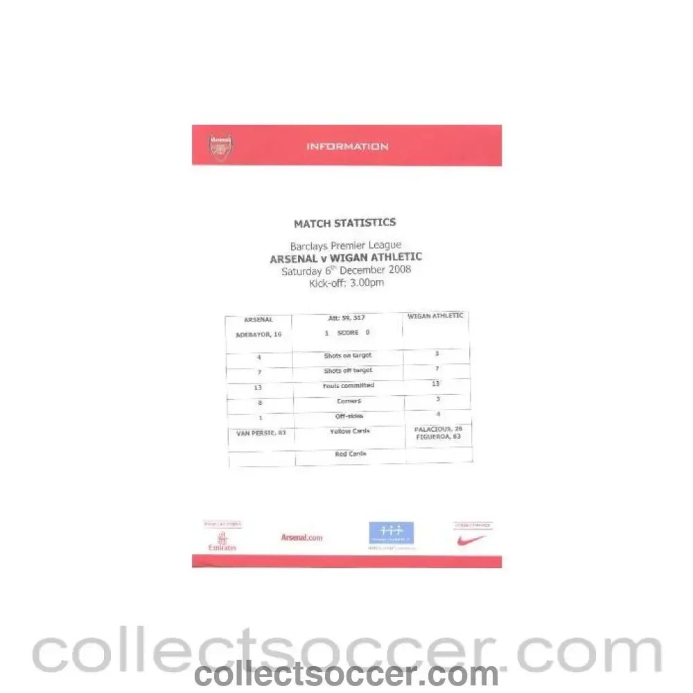 2008 - Arsenal v Wigan Athletic colour printed match statistics 06/12/2008 Premier League - Collect Soccer