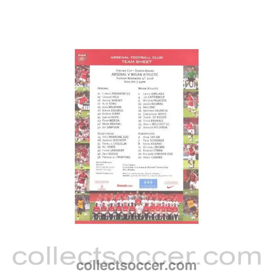 2008 - Arsenal v Wigan Athletic colour printed teamsheet 11/11/2008