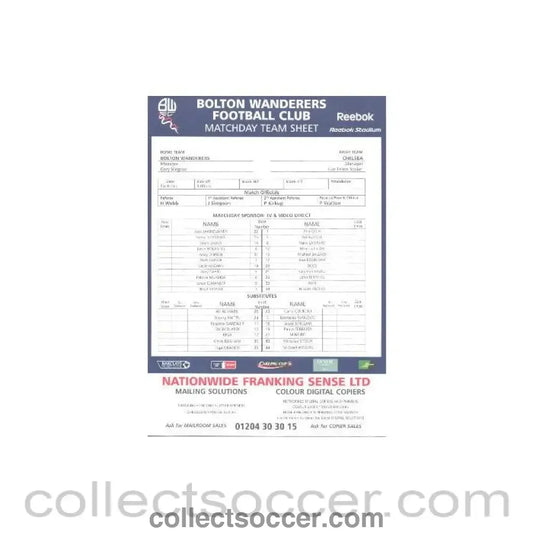 2008 - Bolton Wanderers v Chelsea official colour printed teamsheet 06/12/2008