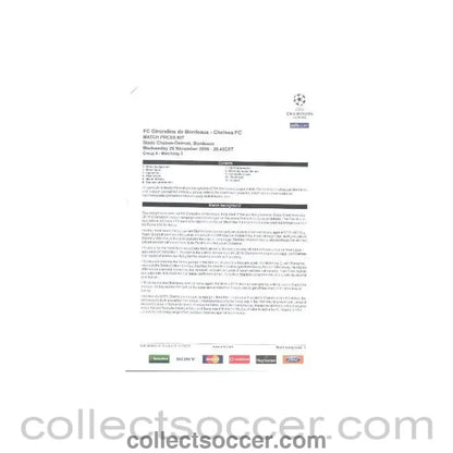 2008 - Bordeaux v Chelsea Match Press Kit 27/11/2008 - Collect Soccer