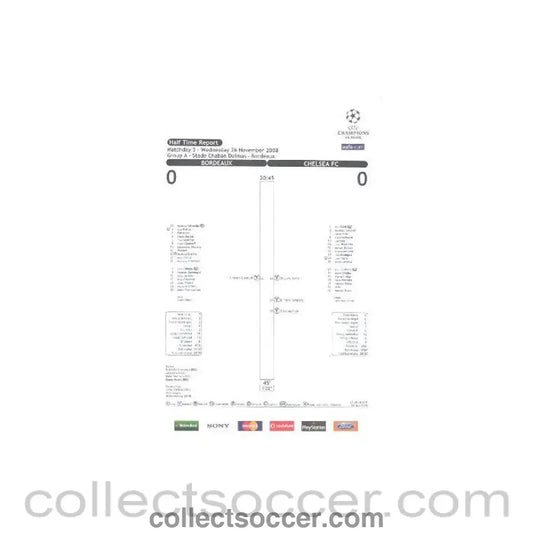 2008 - Bordeaux v Chelsea Official Line Up and Final Statistics Team Sheets - Half Time Report 26/11/2008