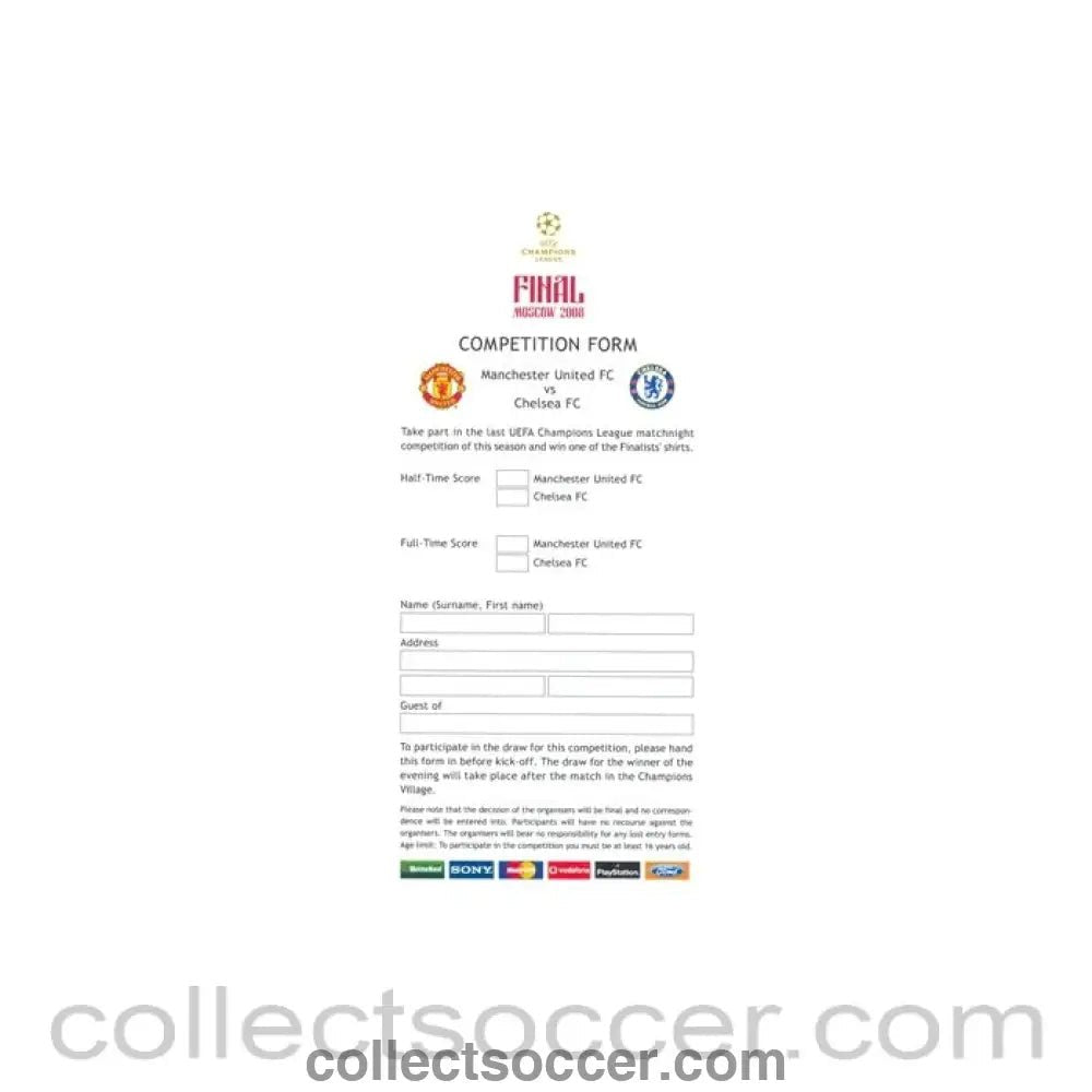 2008 Champions League Final in Moscow Competition Form Russian produced in English - Collect Soccer