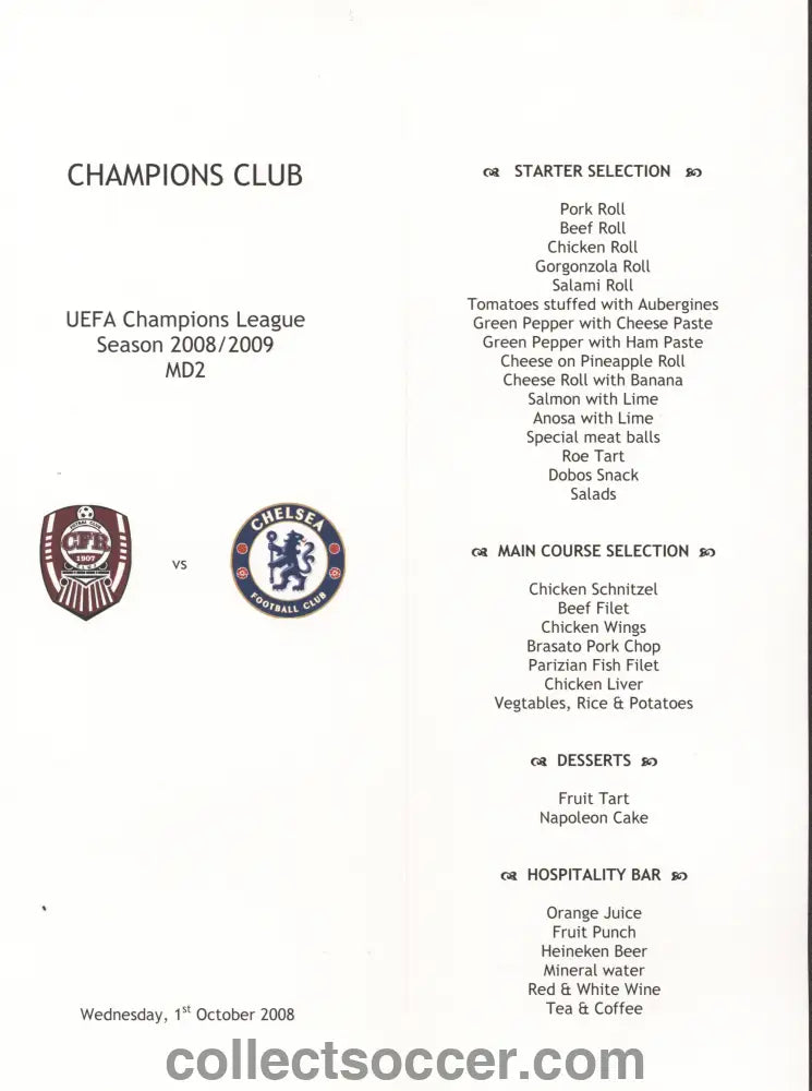 2008 Cluj V Chelsea VIP Menu