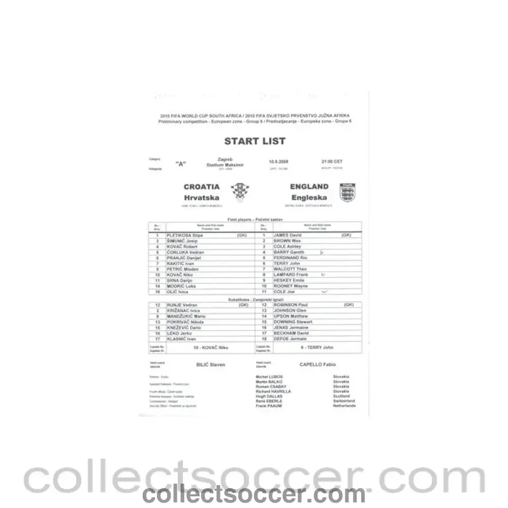 2008 - Croatia v England Start List 10/09/2008 - Collect Soccer