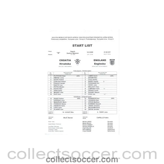 2008 - Croatia v England Start List 10/09/2008