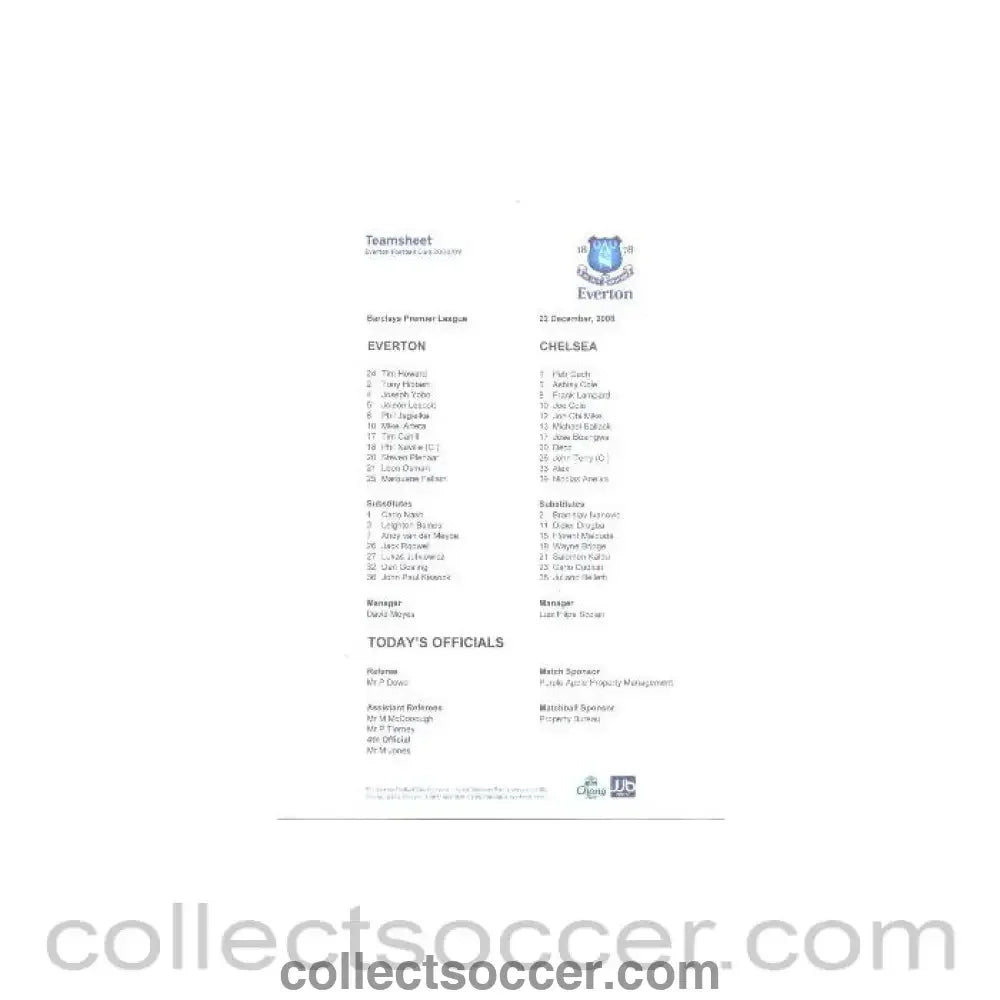 2008 - Everton v Chelsea official teamsheet 22/12/2008